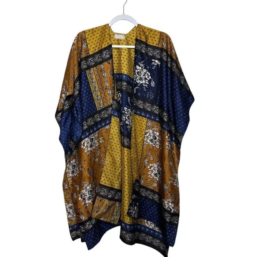 Free People Mon Cheri Silky Patchwork Kimono Women's OS Blue Multi Boho‎ Hippie
